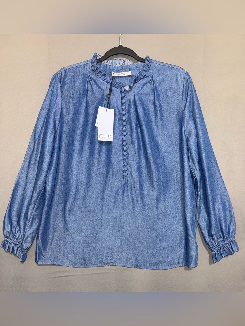 The Fold London Tierney Blouse Blue Lyocell Ruffle Neck Size US 10 UK 14 Luxury